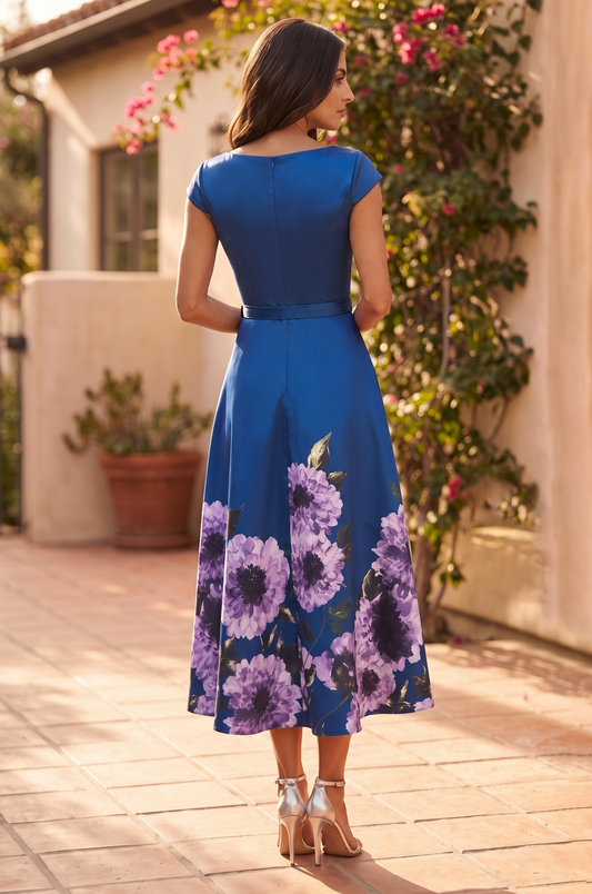 Cap Sleeve Belted Floral Print A-Line Cocktail Midi Dress Wholesale