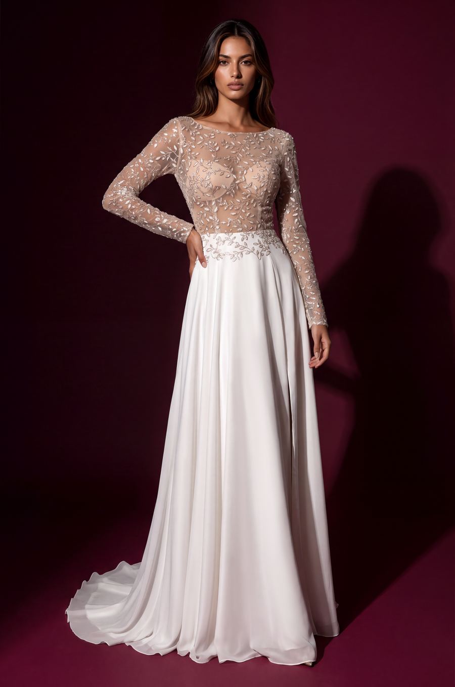 White long-sleeve formal dress, front view.
