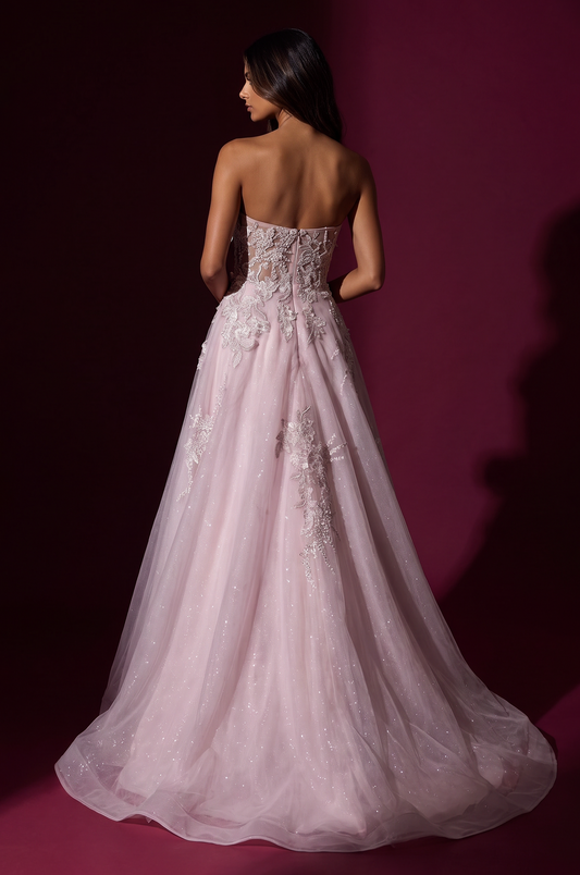 Prom Strapless 3D Floral Long Formal Dress