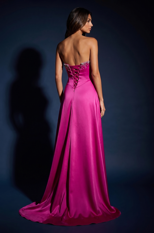 Prom Strapless Beaded Bow Satin Formal Dress