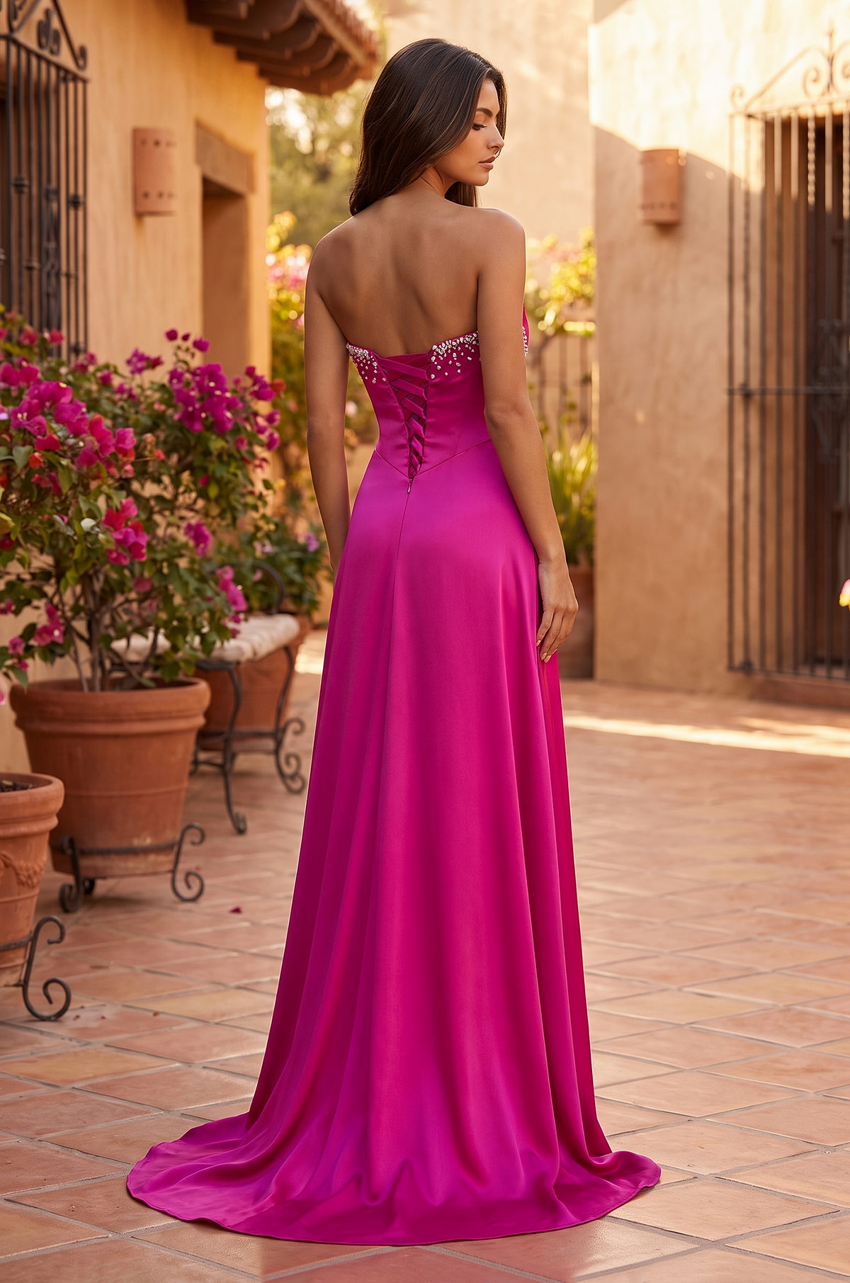 Back view of Strapless Sweetheart Bow Gown in Fuchsia
