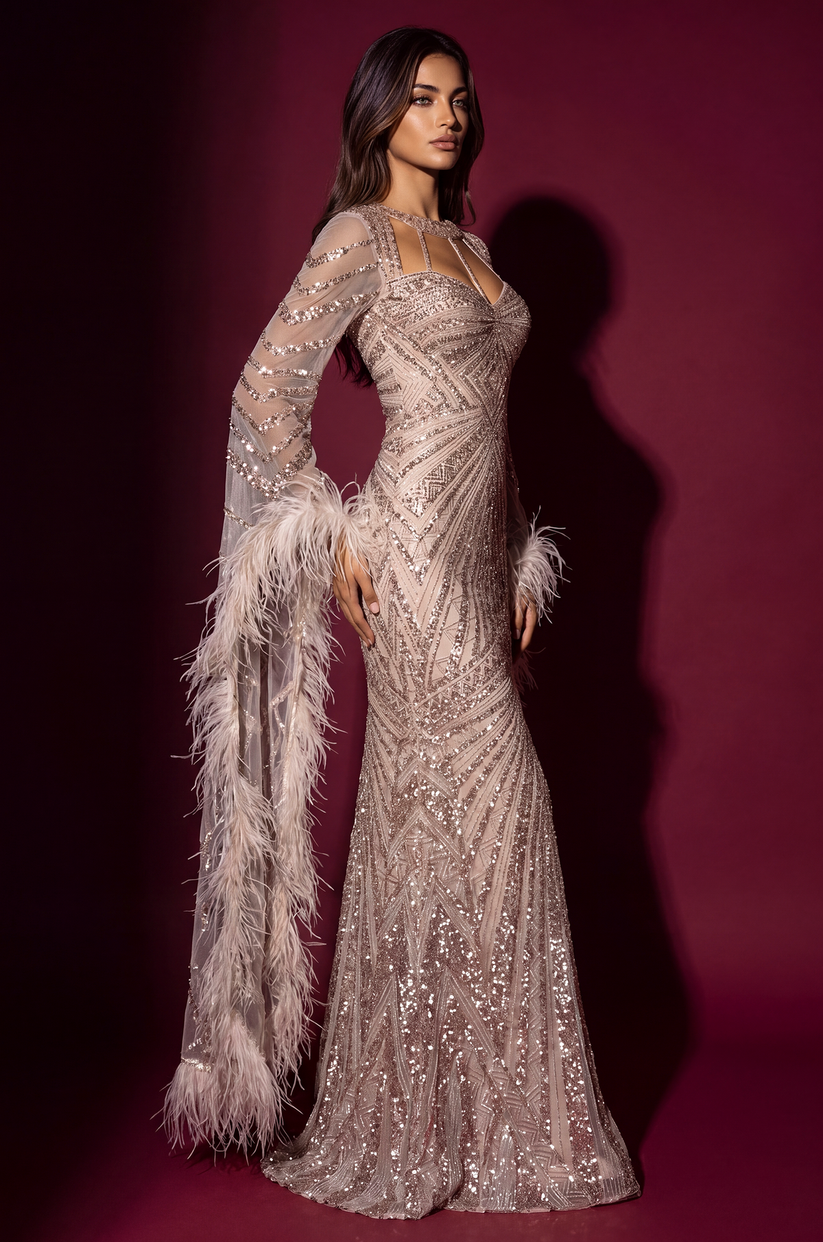 Formal Beaded Long Sleeve Feather Couture Gown