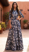 Navy floral collared gown, view 1