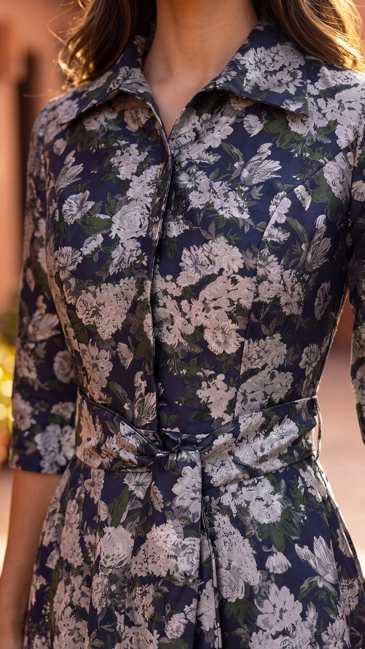 Navy floral collared gown, view 2