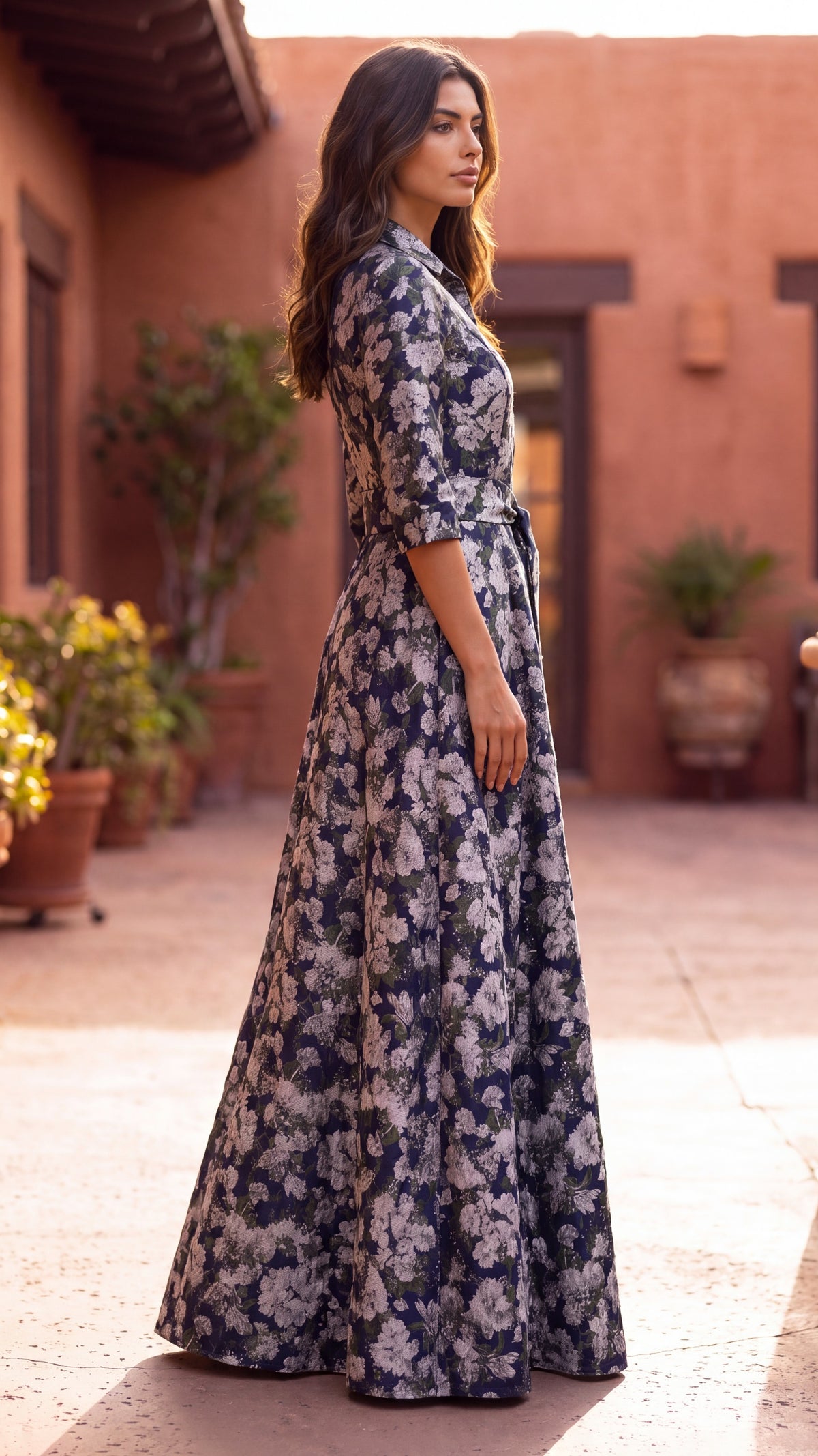 Navy floral collared gown, view 3