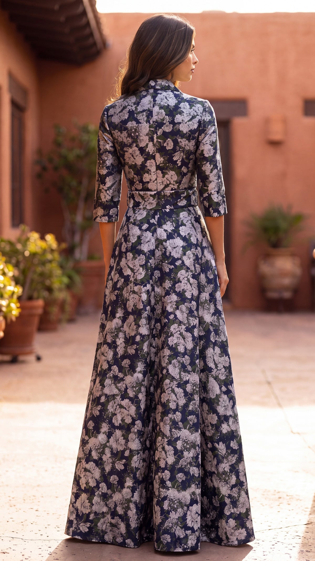 Navy floral collared gown, view 4
