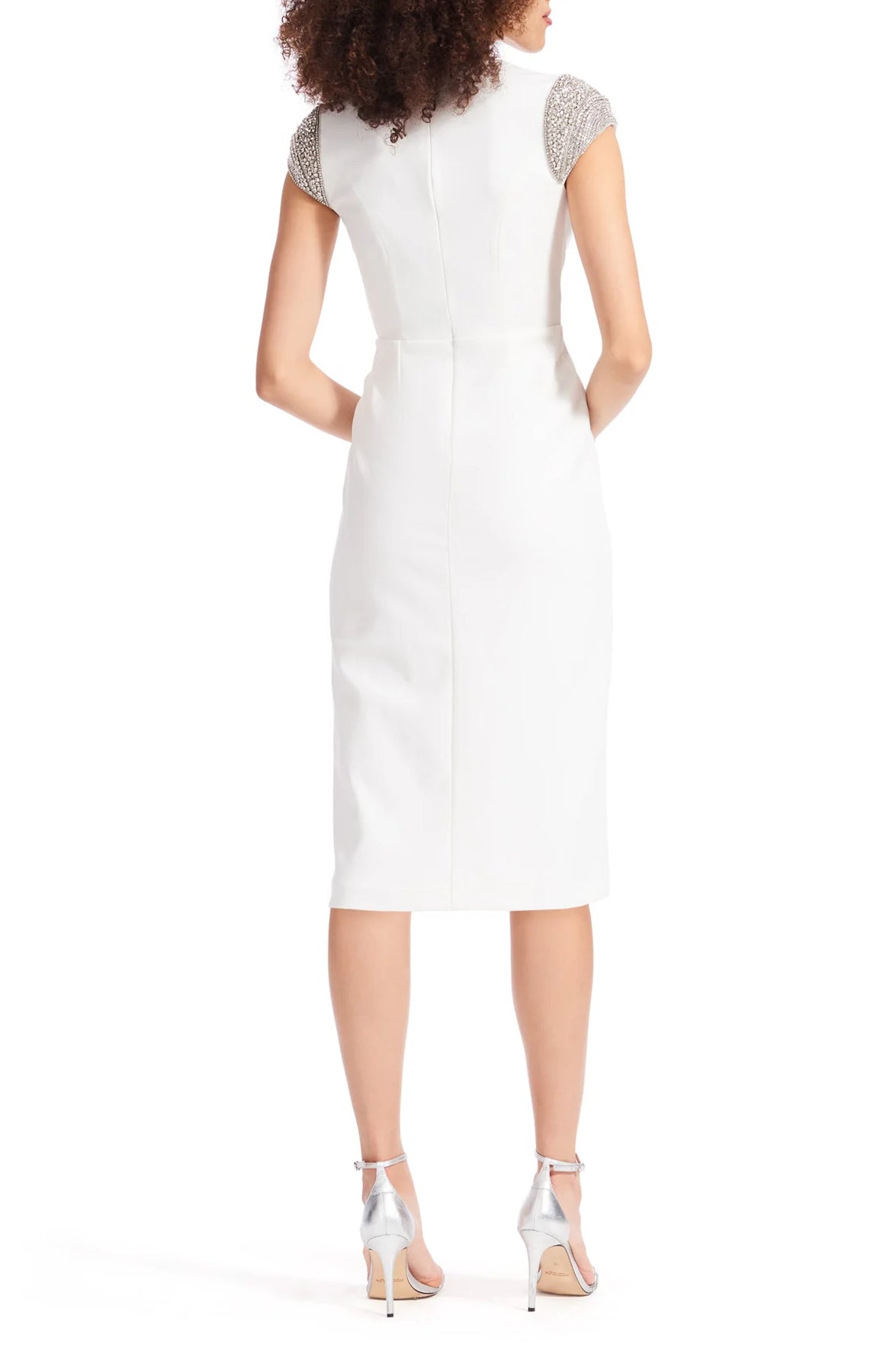 Emily Shalant Crystal Cap Sleeved Stretch Crepe Midi Dress - IVORY - Back 