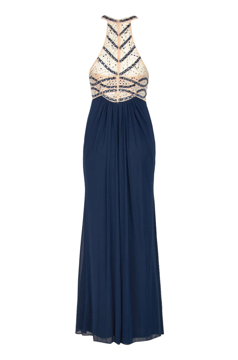 Decode Halter Neck Embellished Bodice Racer Back Ruched Jersey Mesh Gown - NAVY NUDE - Back