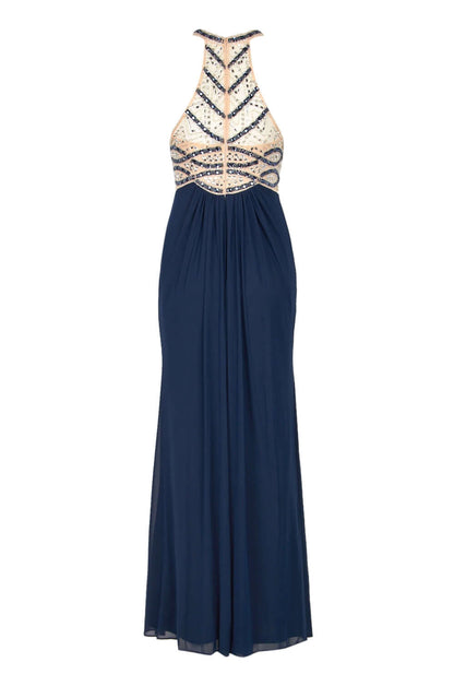 Decode Halter Neck Embellished Bodice Racer Back Ruched Jersey Mesh Gown - NAVY NUDE - Back