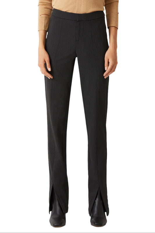 Ecru Designs Banded Waist Button Hook Zipper Closure Slit Front Hem Stretch Crepe Pant - CHARCOAL - Front 