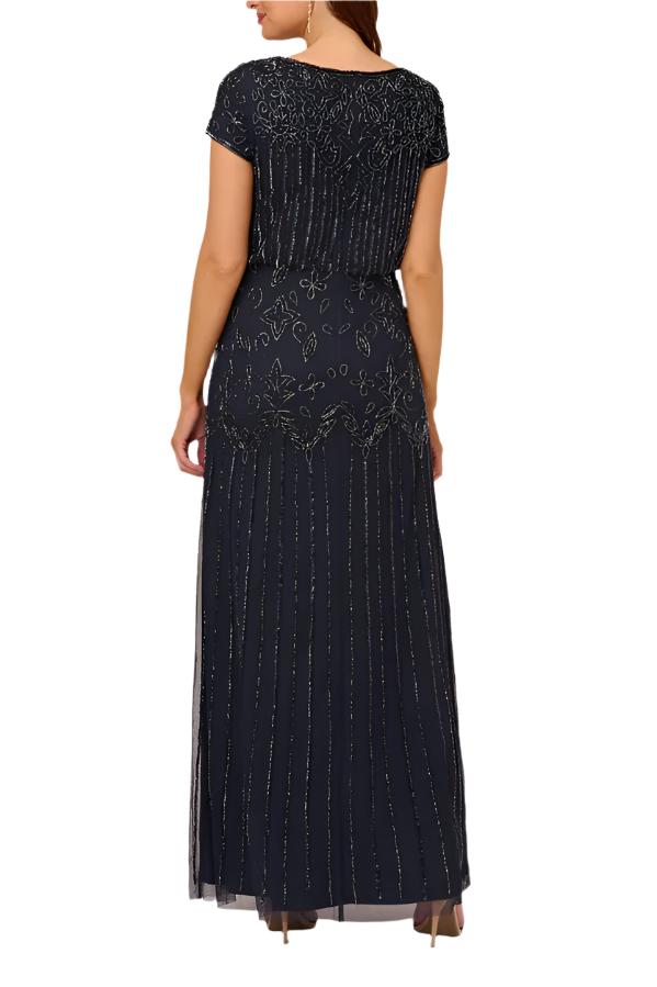 Adrianna Papell Boat Neck Short Sleeve Blouson Zipper Back Embellished Mesh Dress - NAVY - BACK 