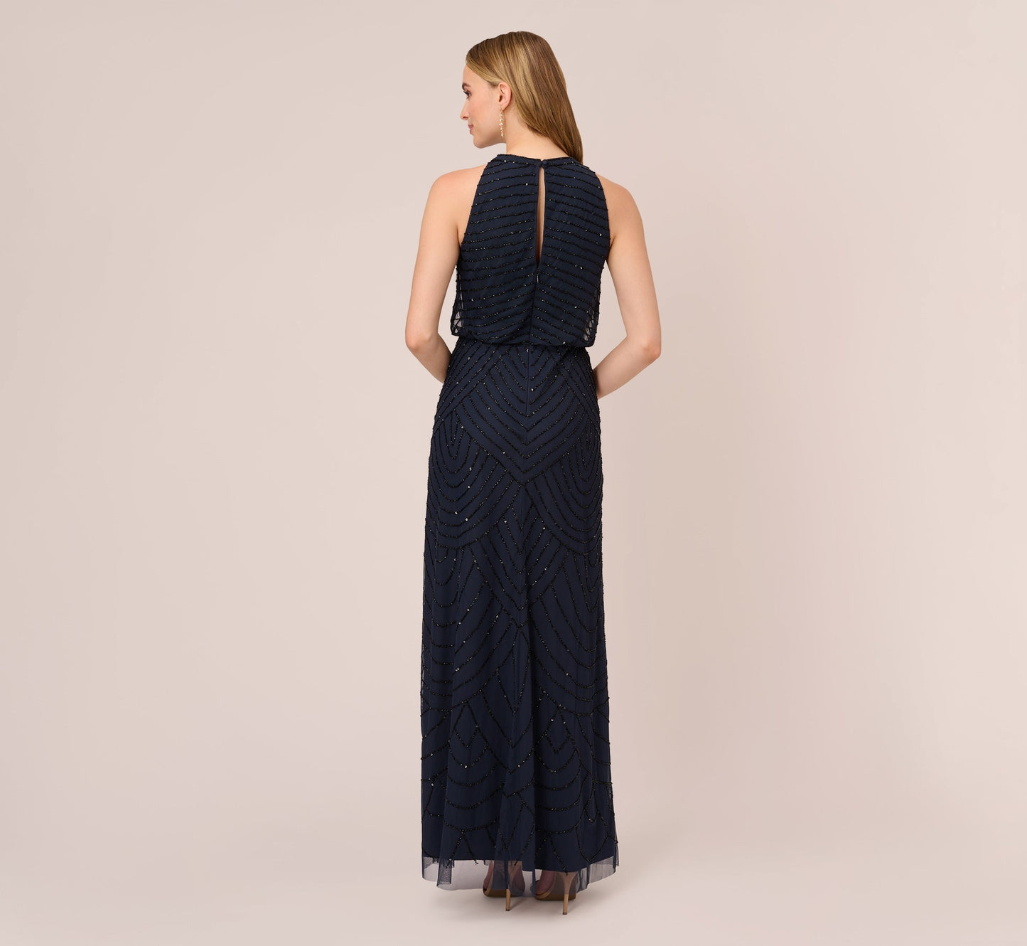 Halter Long Beaded Gown by Adrianna Papell 191914100 in Navy