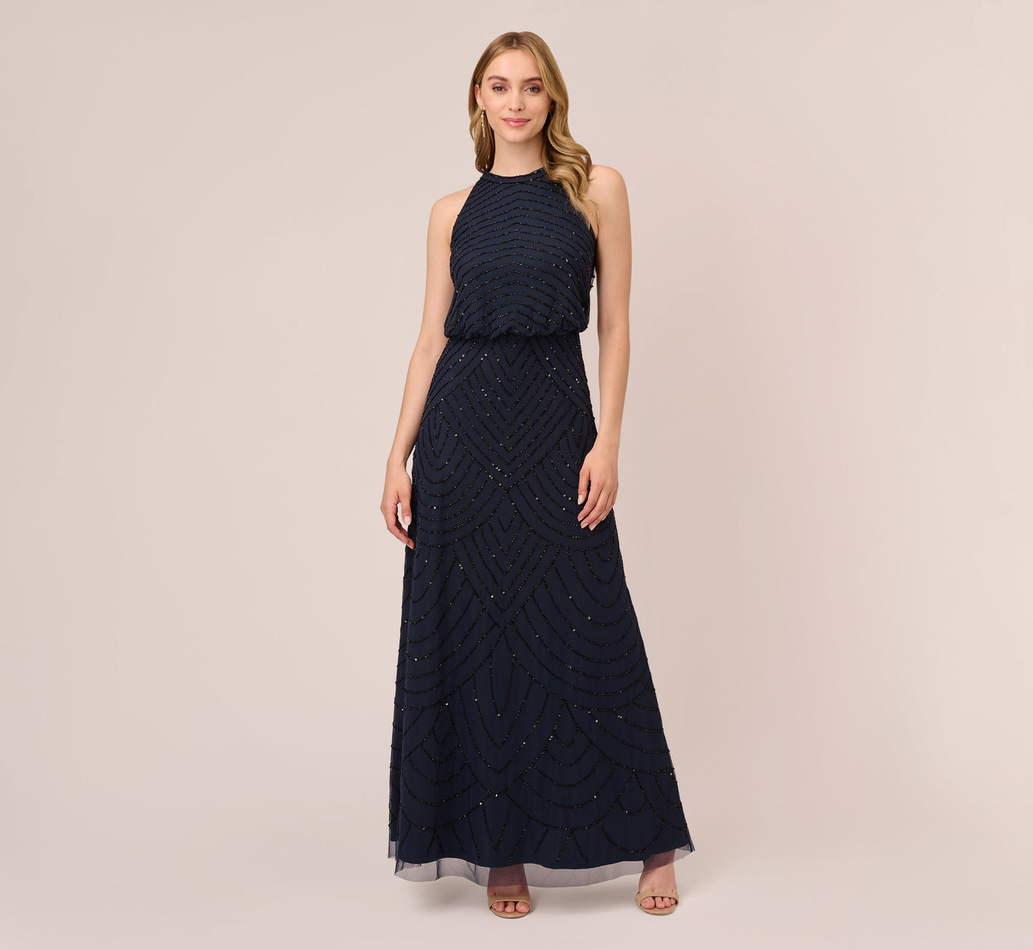 Halter Long Beaded Gown by Adrianna Papell 191914100 in Navy
