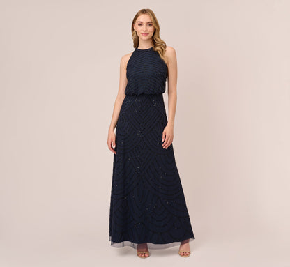 Halter Long Beaded Gown by Adrianna Papell 191914100 in Navy