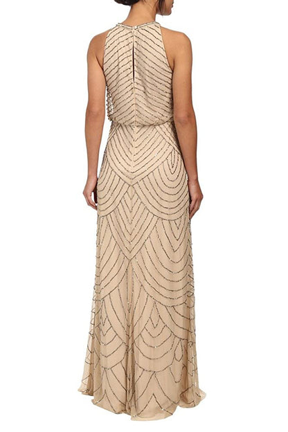 Adrianna Papell Halter Neck Short Sleeve Blouson Zipper Back Embellished Mesh Dress (Petite) - Wholesale - SILVER NUDE - Back 