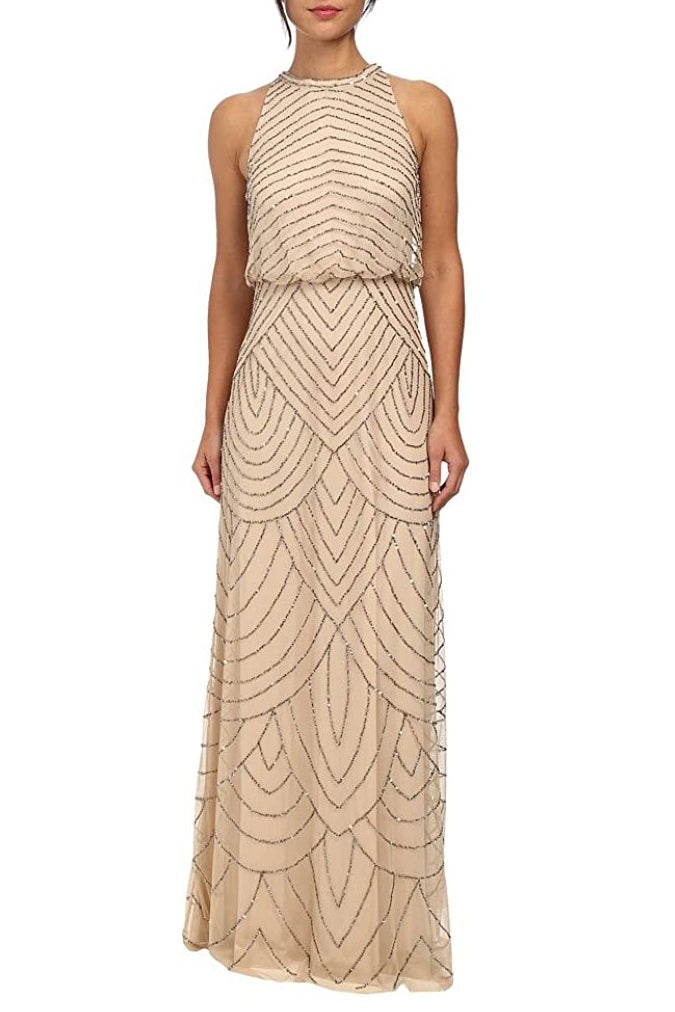 Adrianna Papell Halter Neck Short Sleeve Blouson Zipper Back Embellished Mesh Dress (Petite) - Wholesale - SILVER NUDE - Front 