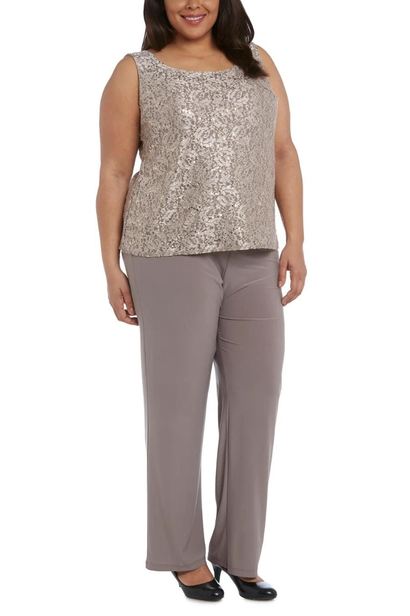 R&M Richards Metallic Lace Tank Top and Pant Set with Sheer Lace Jacket (Plus Size) - Wholesale - CHAMPAGNE - front without jacket