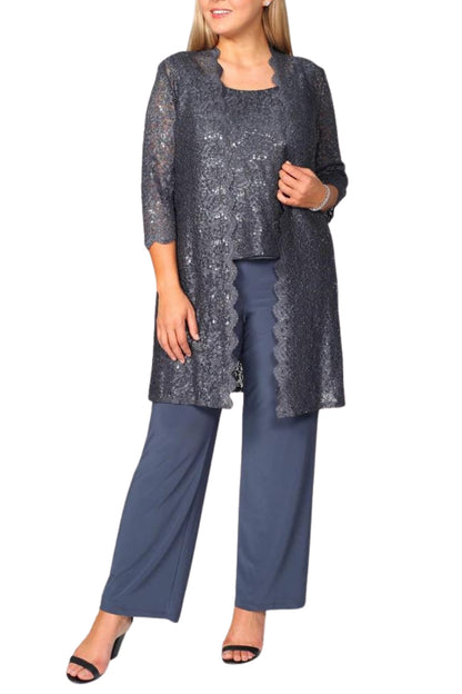 R&M Richards Metallic Lace Tank Top and Pant Set with Sheer Lace Jacket (Plus Size) - Wholesale - CHARCOAL - Front 