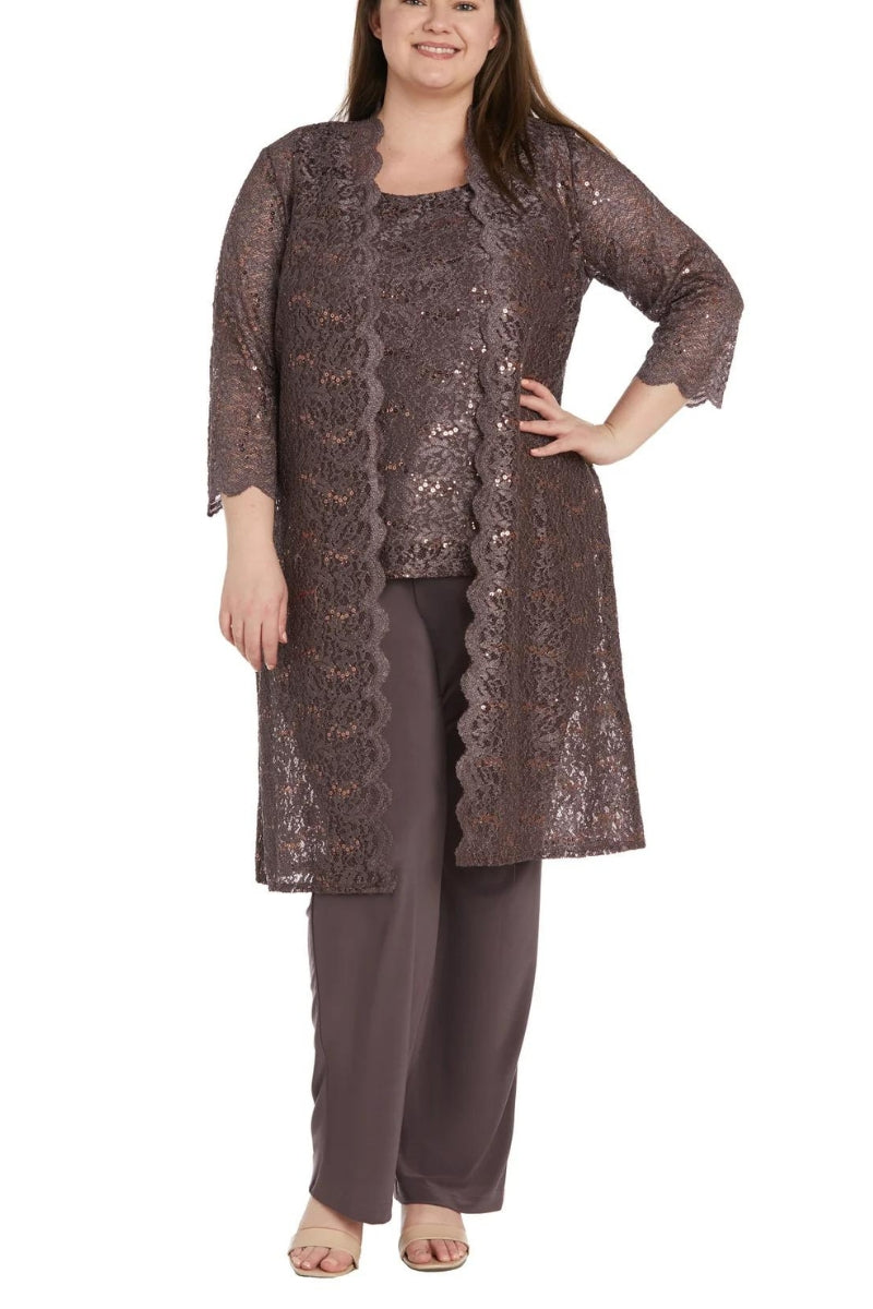 R&M Richards Metallic Lace Tank Top and Pant Set with Sheer Lace Jacket (Plus Size) - Wholesale - FIG- Front 