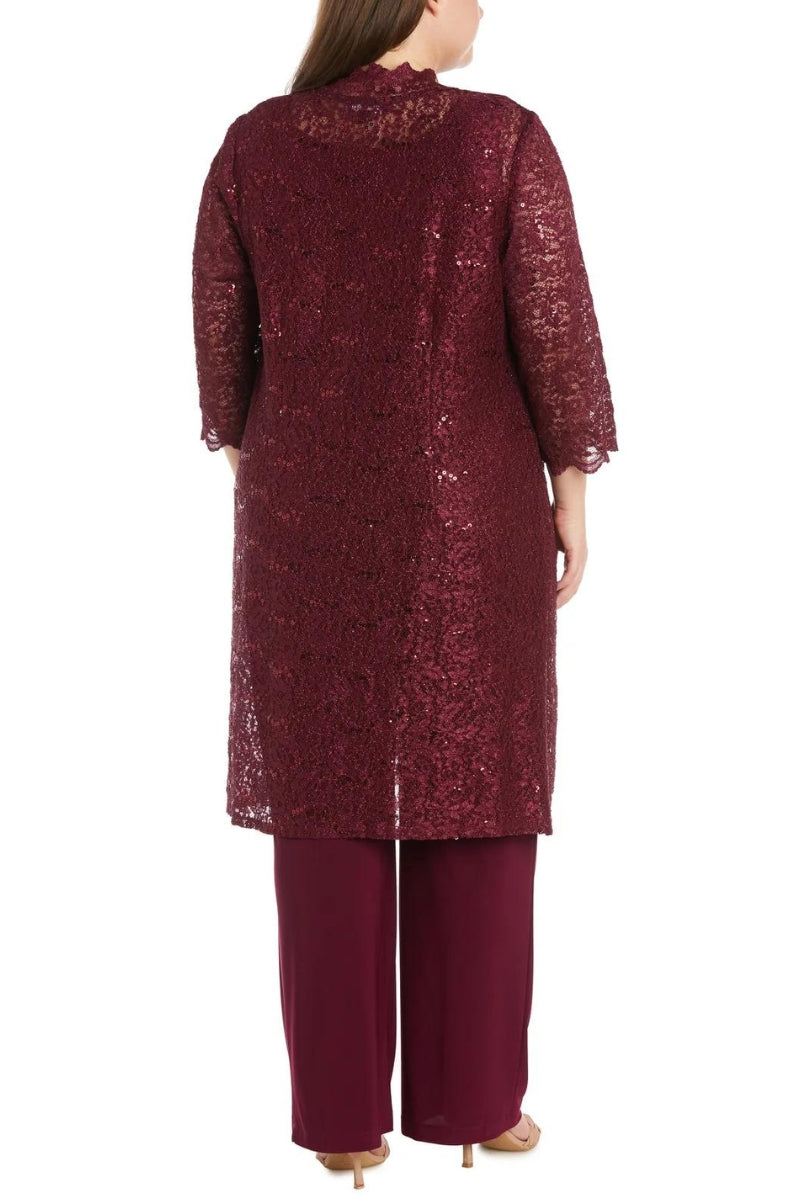 R&M Richards Metallic Lace Tank Top and Pant Set with Sheer Lace Jacket (Plus Size) - Wholesale - MERLOT - Back 