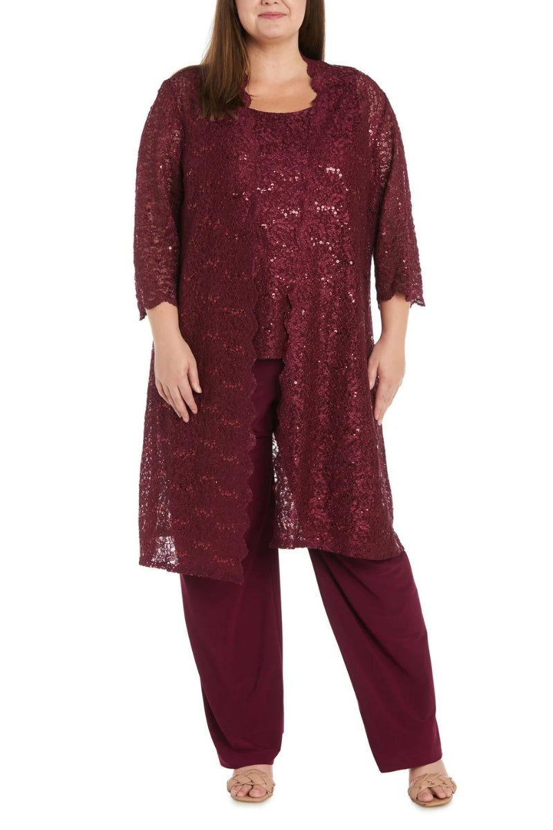 R&M Richards Metallic Lace Tank Top and Pant Set with Sheer Lace Jacket (Plus Size) - Wholesale - MERLOT- Back 