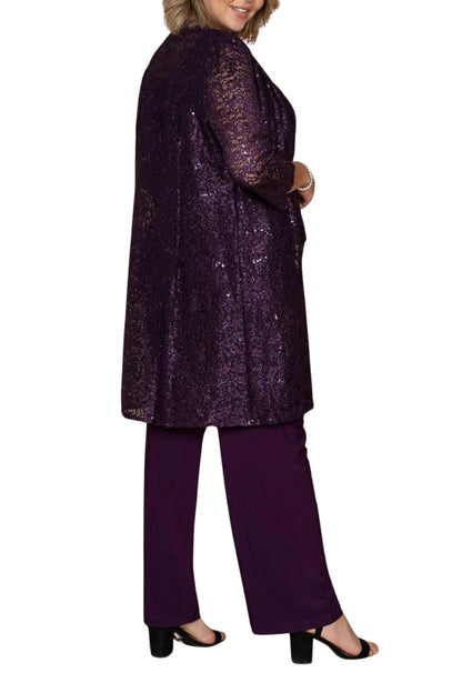 R&M Richards Metallic Lace Tank Top and Pant Set with Sheer Lace Jacket (Plus Size) - Wholesale - PLUM - Back 