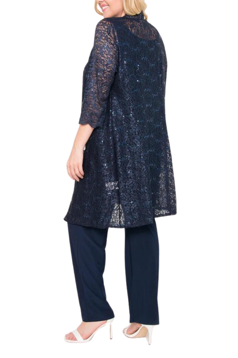 R&M Richards Metallic Lace Tank Top and Pant Set with Sheer Lace Jacket (Plus Size) - Wholesale - NAVY - Back 