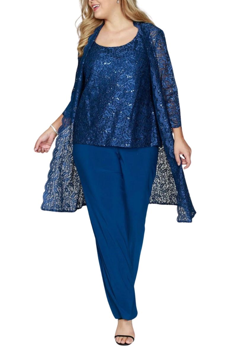 R&M Richards Metallic Lace Tank Top and Pant Set with Sheer Lace Jacket (Plus Size) - Wholesale - PEACOCK - Front 