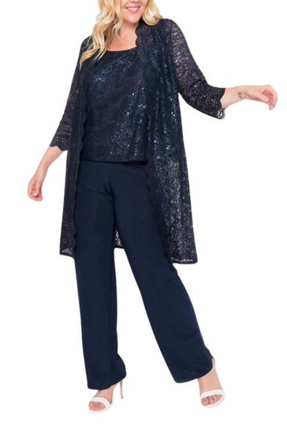 R&M Richards Metallic Lace Tank Top and Pant Set with Sheer Lace Jacket (Plus Size) - Wholesale - NAVY - Front 