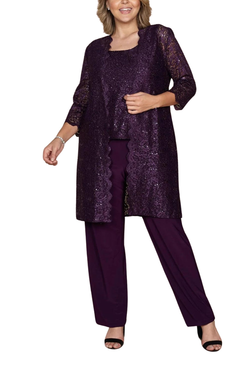 R&M Richards Metallic Lace Tank Top and Pant Set with Sheer Lace Jacket (Plus Size) - Wholesale - PLUM - Front 