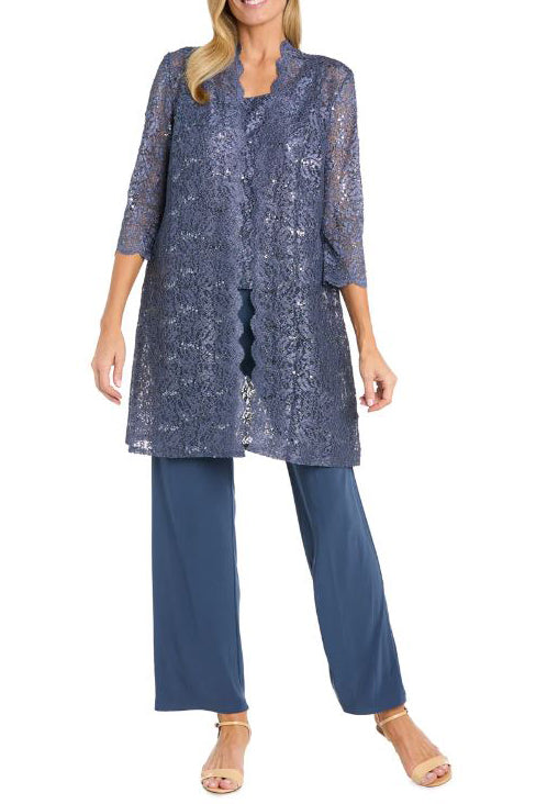 R&M Richards Metallic Lace Tank Top And Pant Set With Sheer Lace Jacket - CADET - FRONT VIEW 