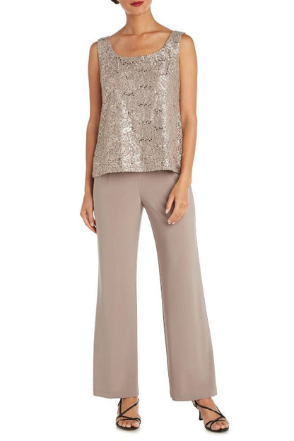 R&M Richards Metallic Lace Tank Top and Pant Set with Sheer Lace Jacket