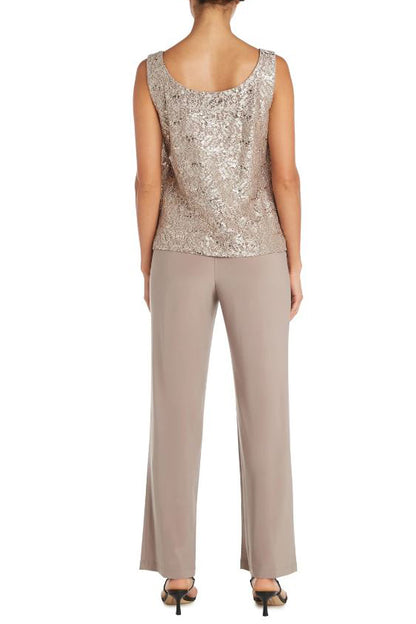 R&M Richards Metallic Lace Tank Top and Pant Set with Sheer Lace Jacket