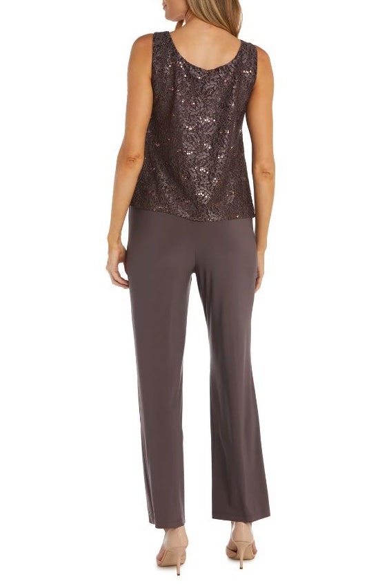 R&M Richards Metallic Lace Tank Top and Pant Set with Sheer Lace Jacket