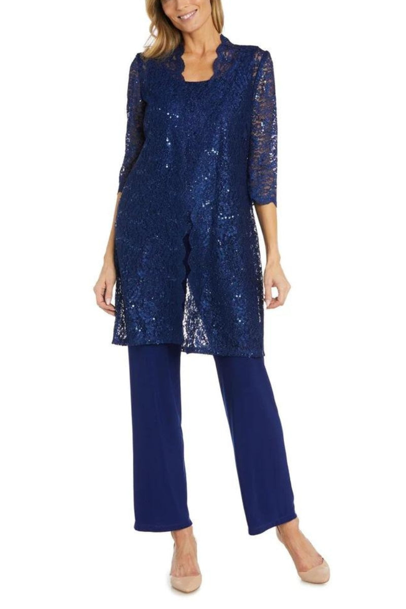 R&M Richards Metallic Lace Tank Top and Pant Set with Sheer Lace Jacket - Wholesale - ROYAL - Front 