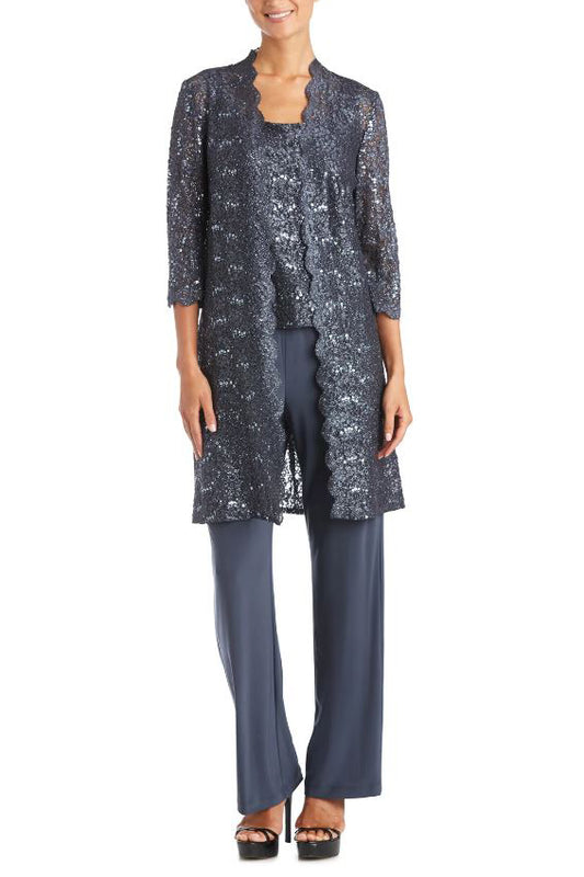 R&M Richards Metallic Lace Tank Top And Pant Set With Sheer Lace Jacket - CHARCOAL - FRONT