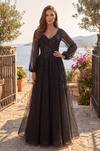 V Neck Floor Length Sleeve Formal Evening Dress