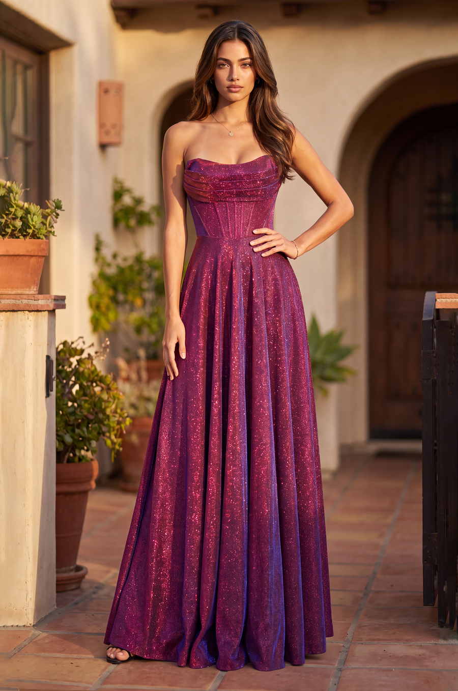 1411 Burgundy metallic formal dress