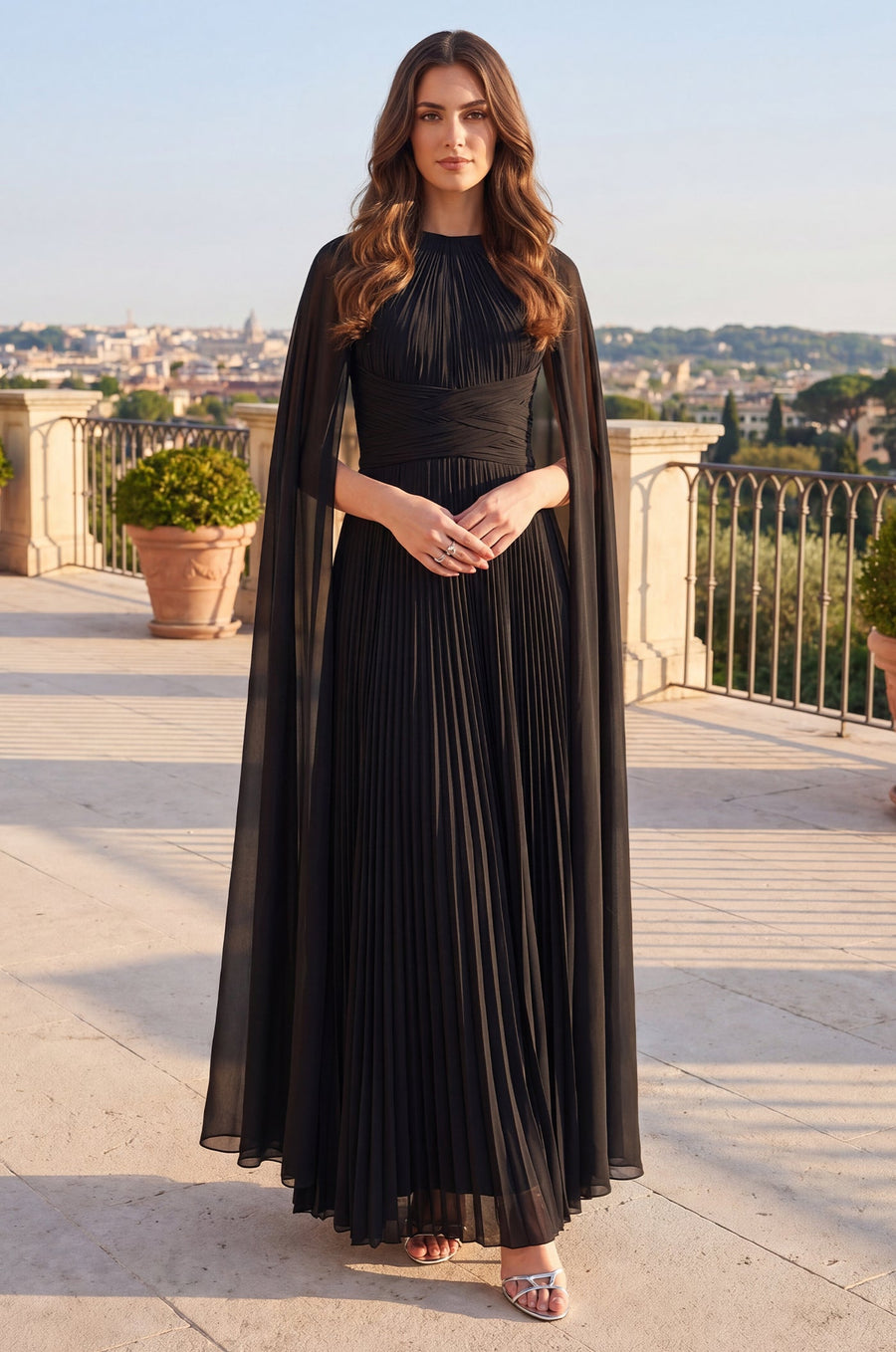 Pleated A Line Long Formal High Neck Cape Sleeve Dress Black
