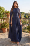 Pleated A Line Long Formal High Neck Cape Sleeve Dress Navy