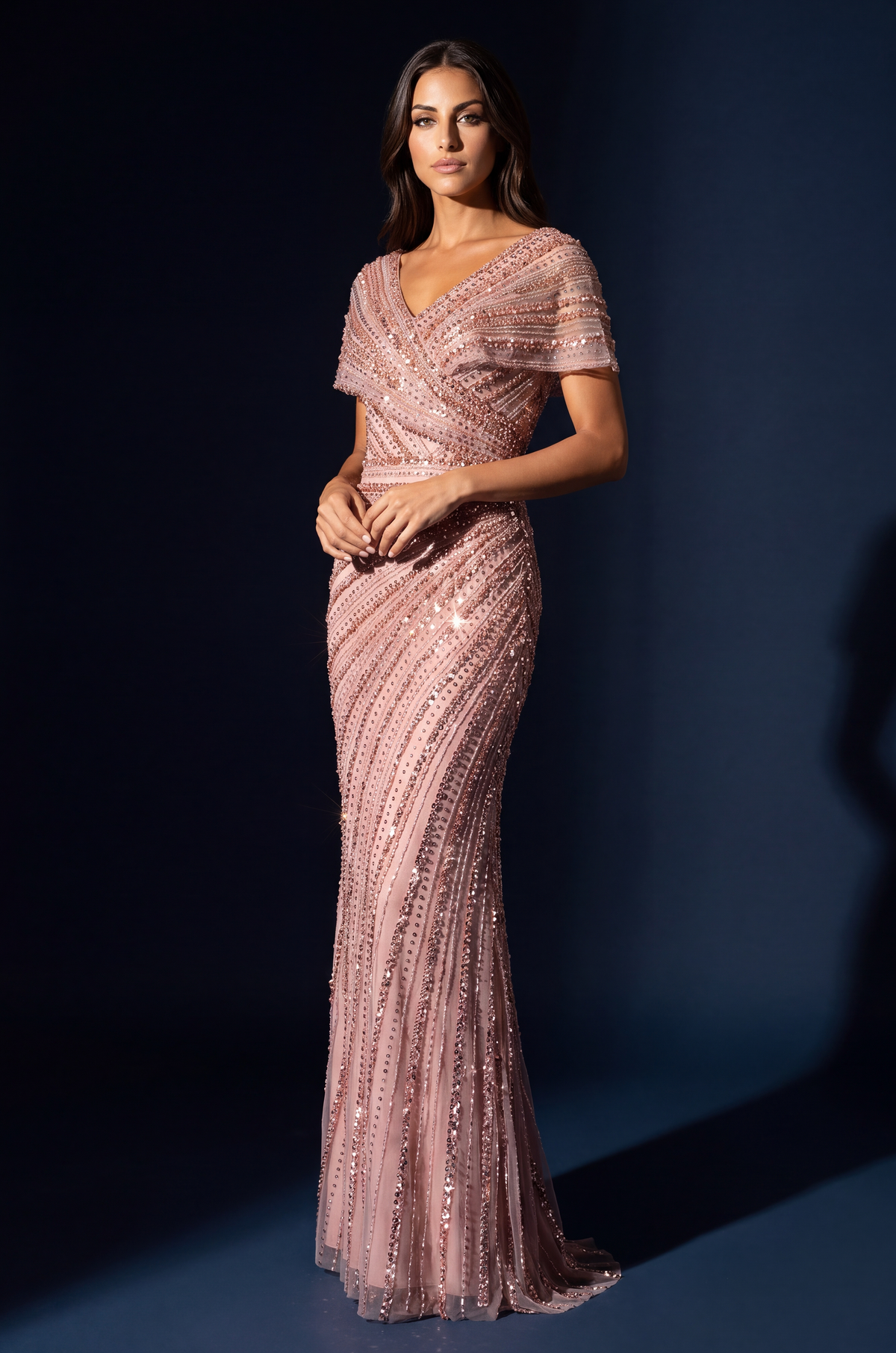 Beaded V-Neck Cap Sleeve Mermaid Gown