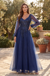 V Neck Floor Length Sleeve Formal Evening Dress