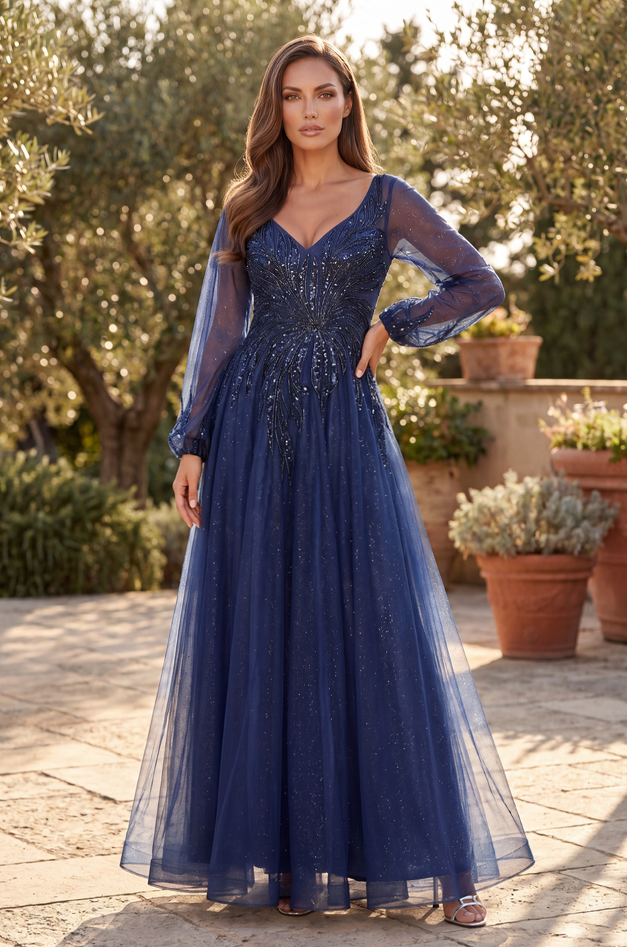V Neck Floor Length Sleeve Formal Evening Dress