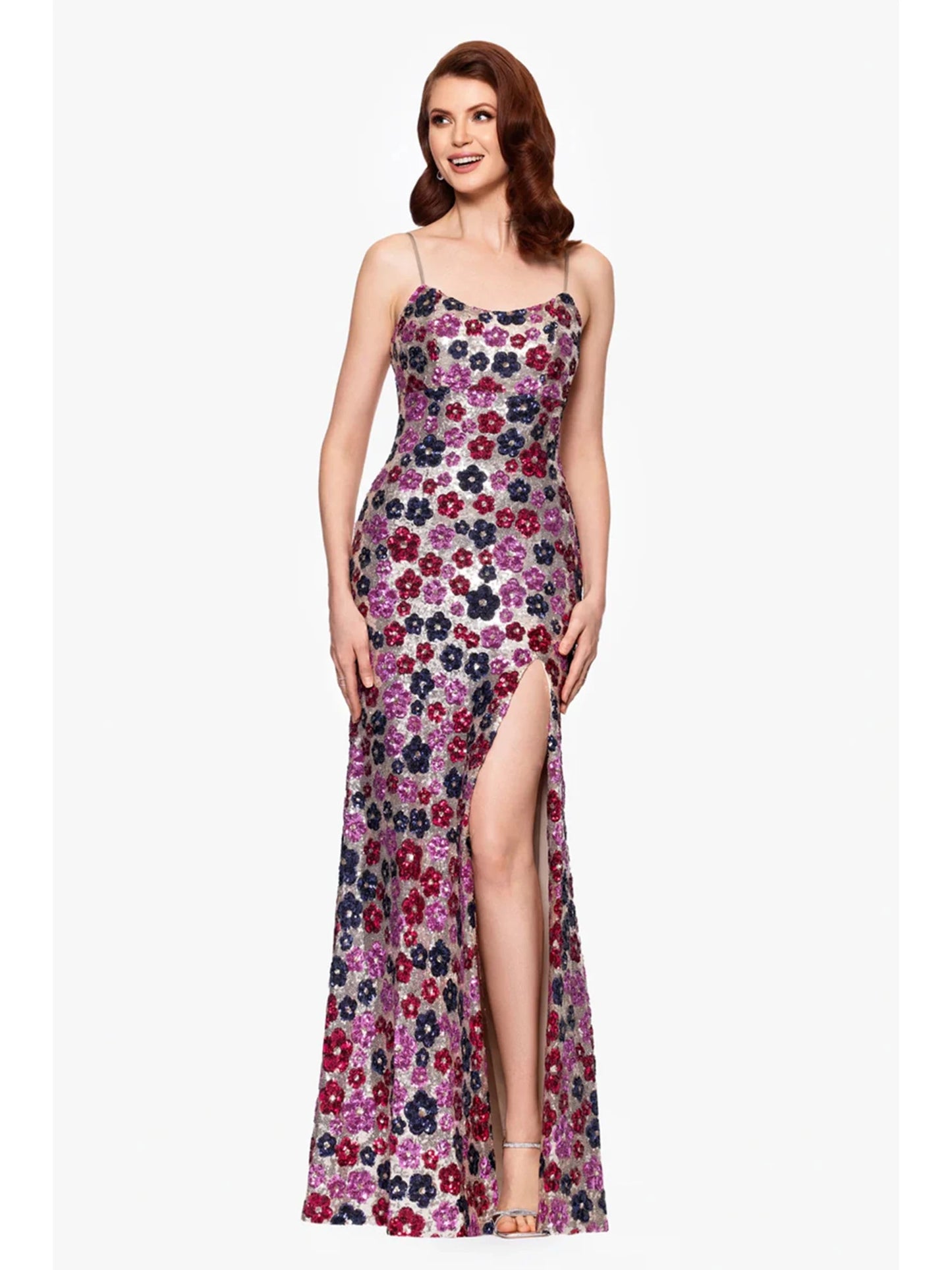Nude/Navy/Pink Floral Sequin Maxi Dress High Slit Betsy & Adam A27017