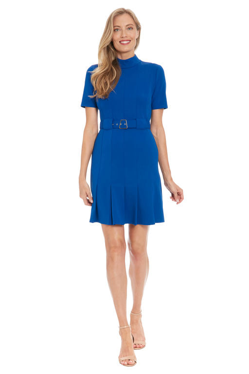 London Times Short Sleeve A-Line Belted Mock Turtleneck Dress - T7677M - Blue