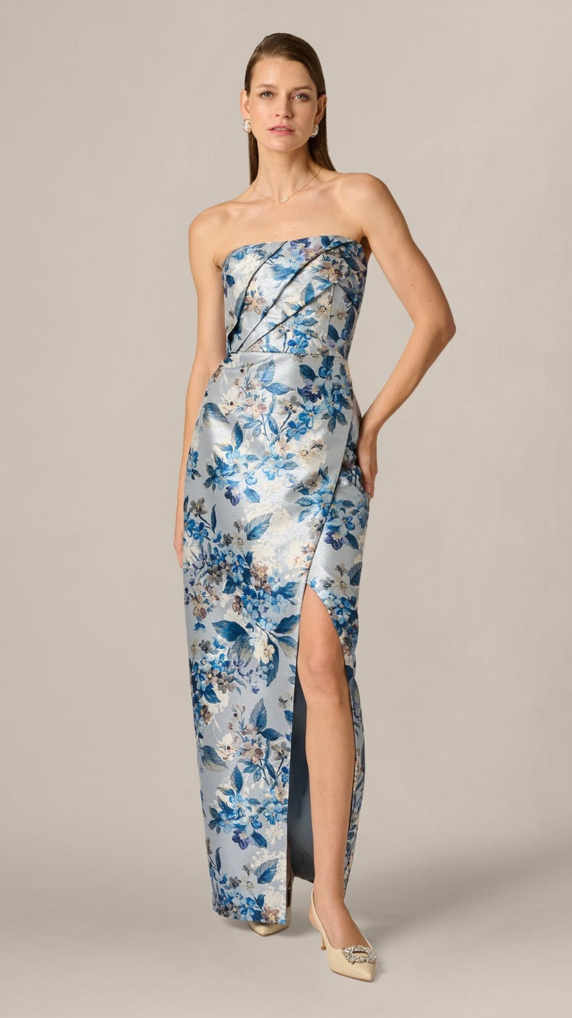 Aidan Mattox Strapless Pleated Floral Jacquard Wrap Gown 209842 Wholesale