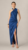 Aidan Mattox Satin Asymmetrical Draped Hardware Halter Gown 209919 Wholesale