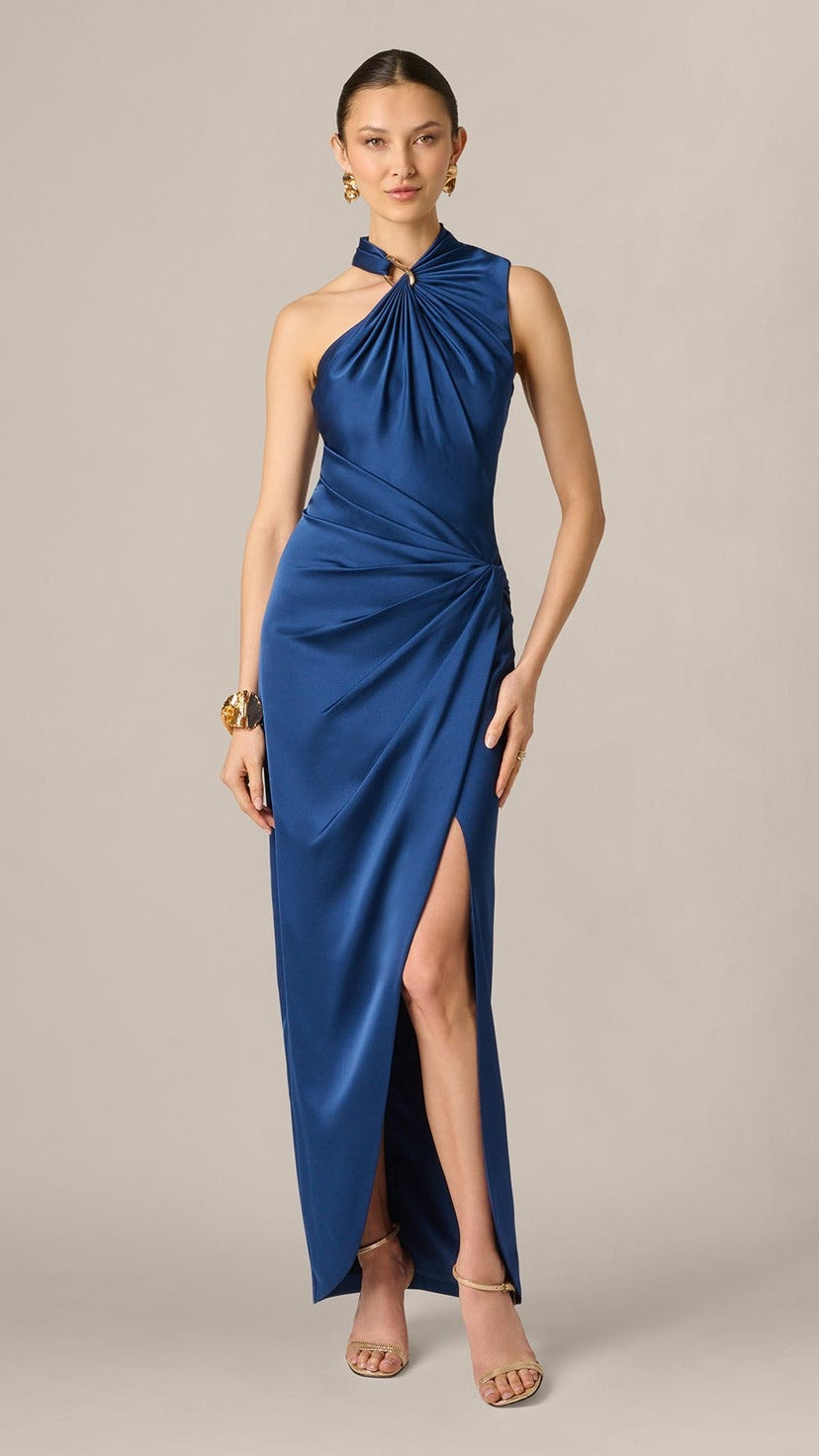 Aidan Mattox Satin Asymmetrical Draped Hardware Halter Gown 209919 Wholesale