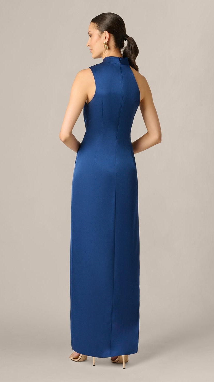 Aidan Mattox Satin Asymmetrical Draped Hardware Halter Gown 209919 Wholesale
