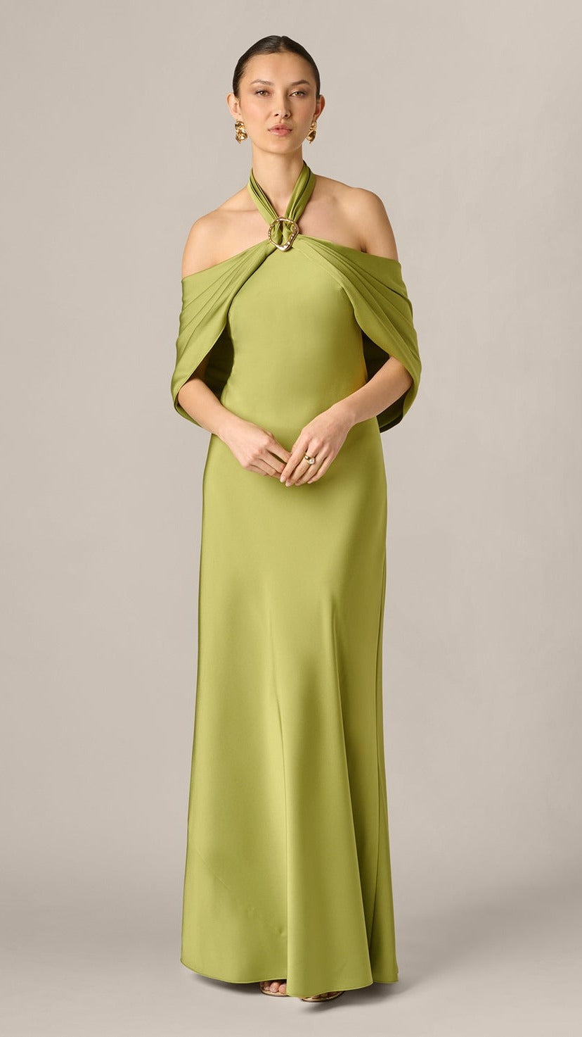 Aidan Mattox Satin Draped Shawl Halter Gown 209933 Wholesale